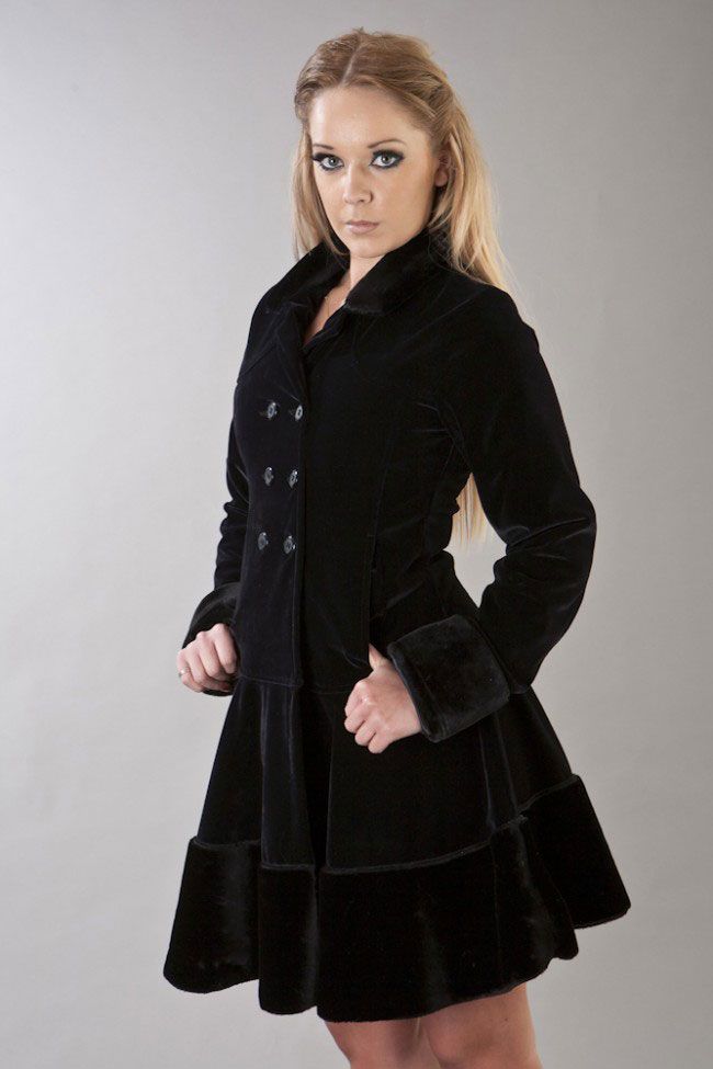 Dark Women's Coat In Black Velvet Flock And Black Fur-Burleska-Dark Fashion Clothing