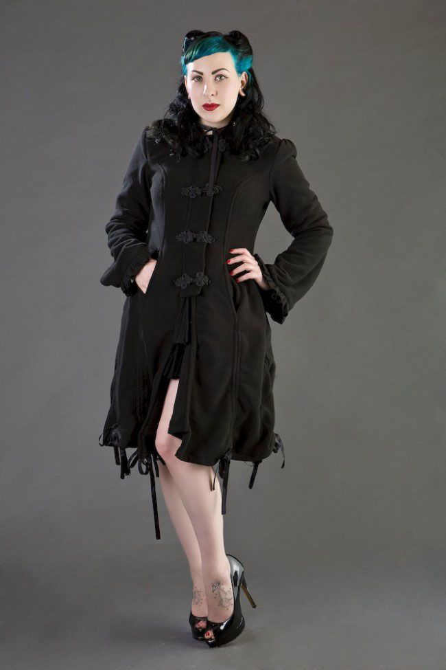Elizabeth Women's Gothic Coat With Hood In Black Fleece-Burleska-Dark Fashion Clothing