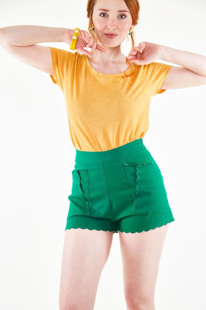 High Waisted Shorts With Embroidered Scallop Pocket Detail-Voodoo Vixen-Dark Fashion Clothing