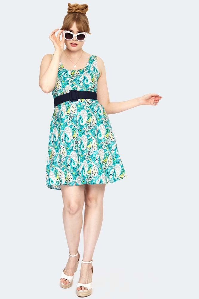 Isra Blue Paisley Cotton Dress Dress-Voodoo Vixen-Dark Fashion Clothing