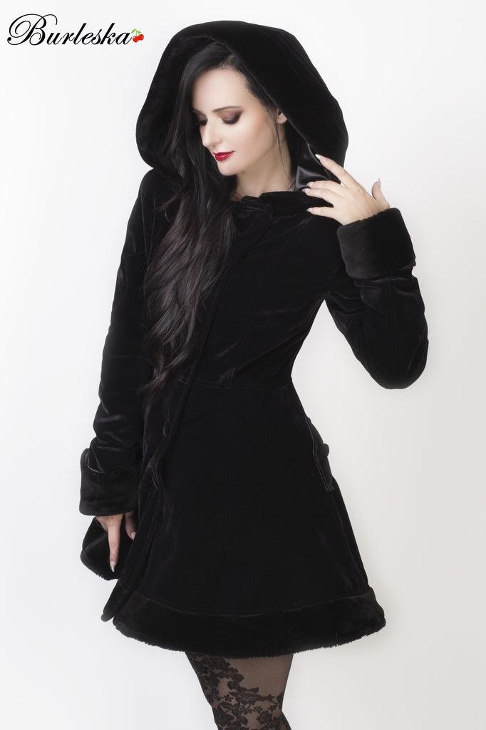 Karen Ladies Coat With Hood In Black Velvet Flock And Black Fur-Burleska-Dark Fashion Clothing