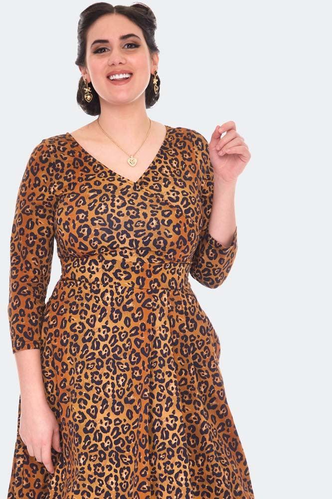 Leopard Print Flare Dress-Voodoo Vixen-Dark Fashion Clothing