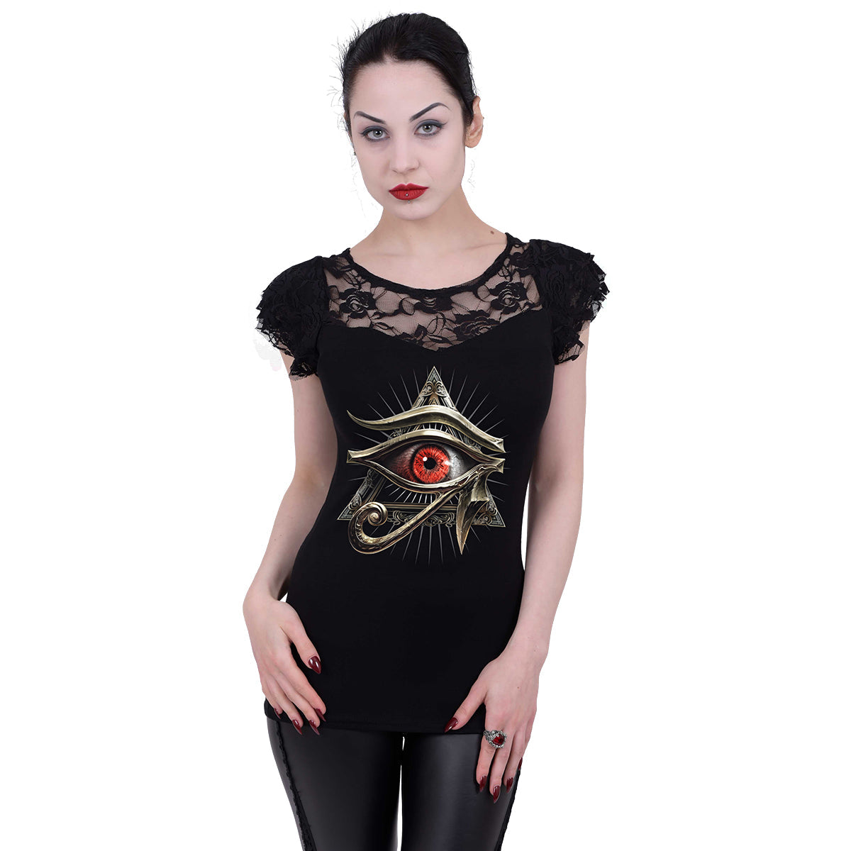 Evil Eye (Digital Print) - Lace Layered Cap Sleeve Top Black