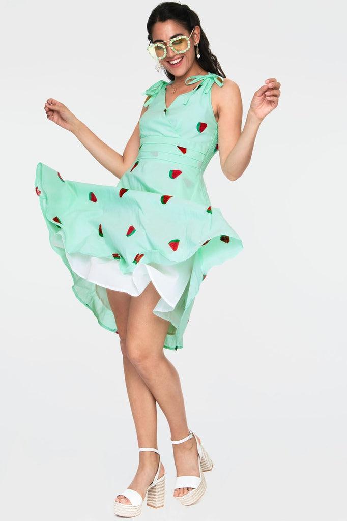 Maureen Watermelon Embroidery Flared Dress-Voodoo Vixen-Dark Fashion Clothing