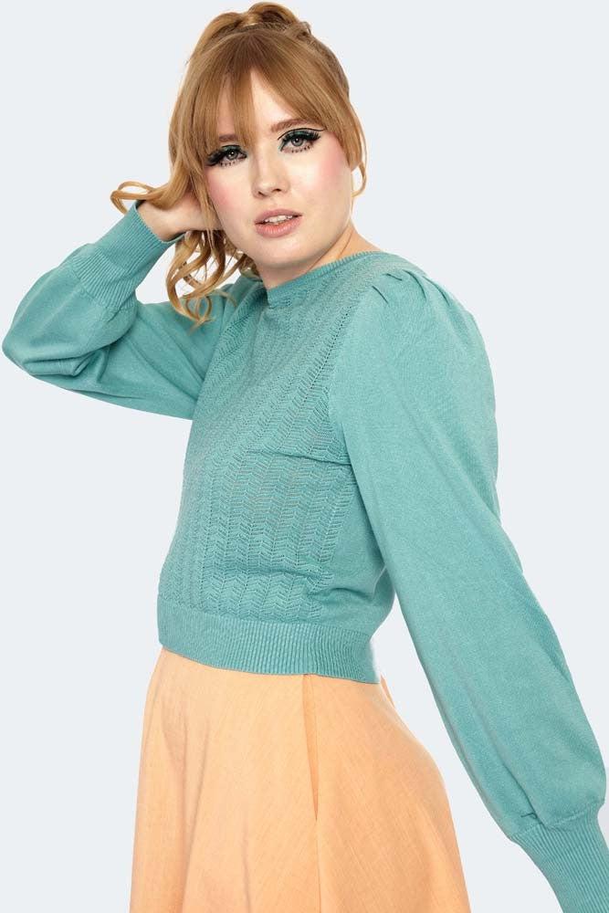 Pleated Sholder Pointelle Sweater-Voodoo Vixen-Dark Fashion Clothing