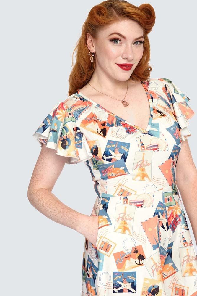 Postcard Print Flutter Collar Playsuit-Voodoo Vixen-Dark Fashion Clothing