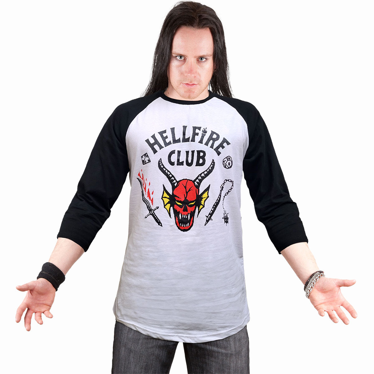 Stranger Things 4 - Hellfire Club Crest - Raglan Contrast 3/4 Longsleeve Black & White