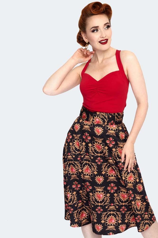 Queen Of Hearts Mid Length Flare Skirt-Voodoo Vixen-Dark Fashion Clothing