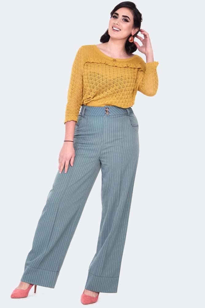 Retro Pinstripe Style Turn Up Trousers-Voodoo Vixen-Dark Fashion Clothing