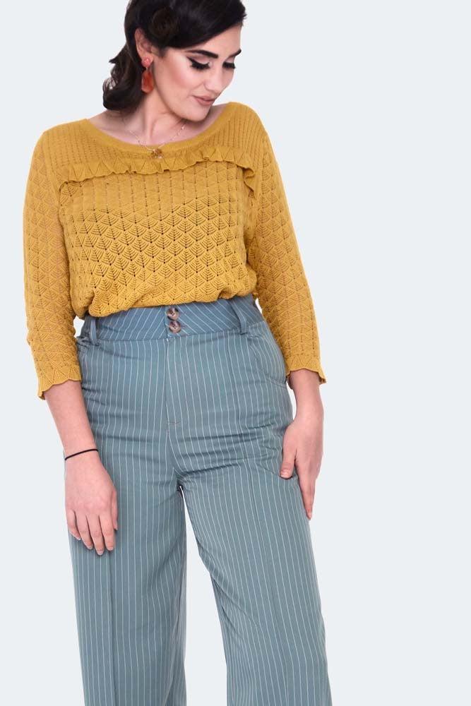 Retro Pinstripe Style Turn Up Trousers-Voodoo Vixen-Dark Fashion Clothing