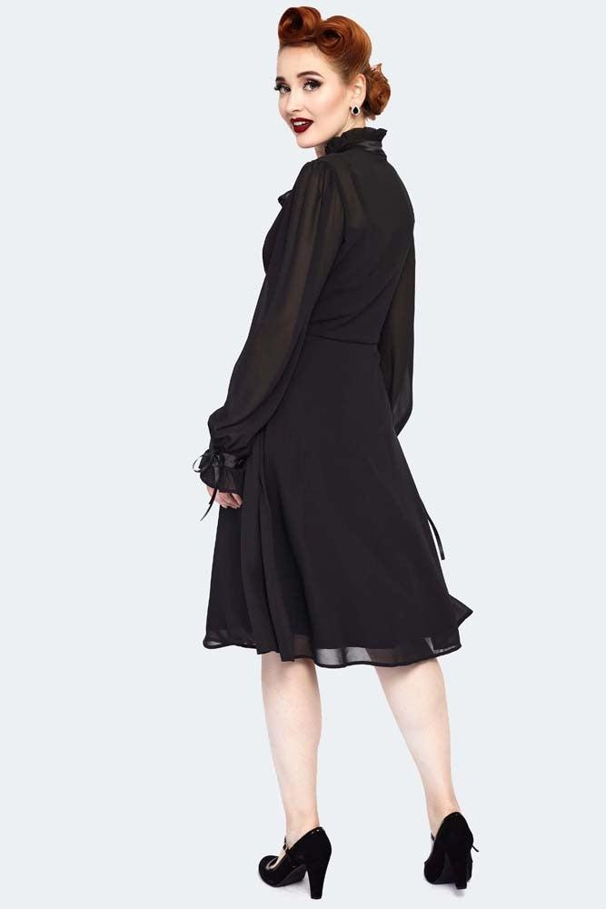 Sheer High Neck Long Sleeve Ribbon Tie Dress-Voodoo Vixen-Dark Fashion Clothing