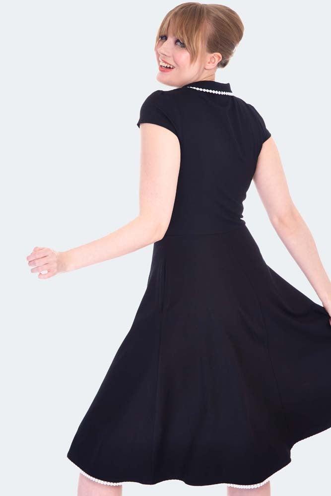 Short Sleeve White Trim Flare Dress-Voodoo Vixen-Dark Fashion Clothing