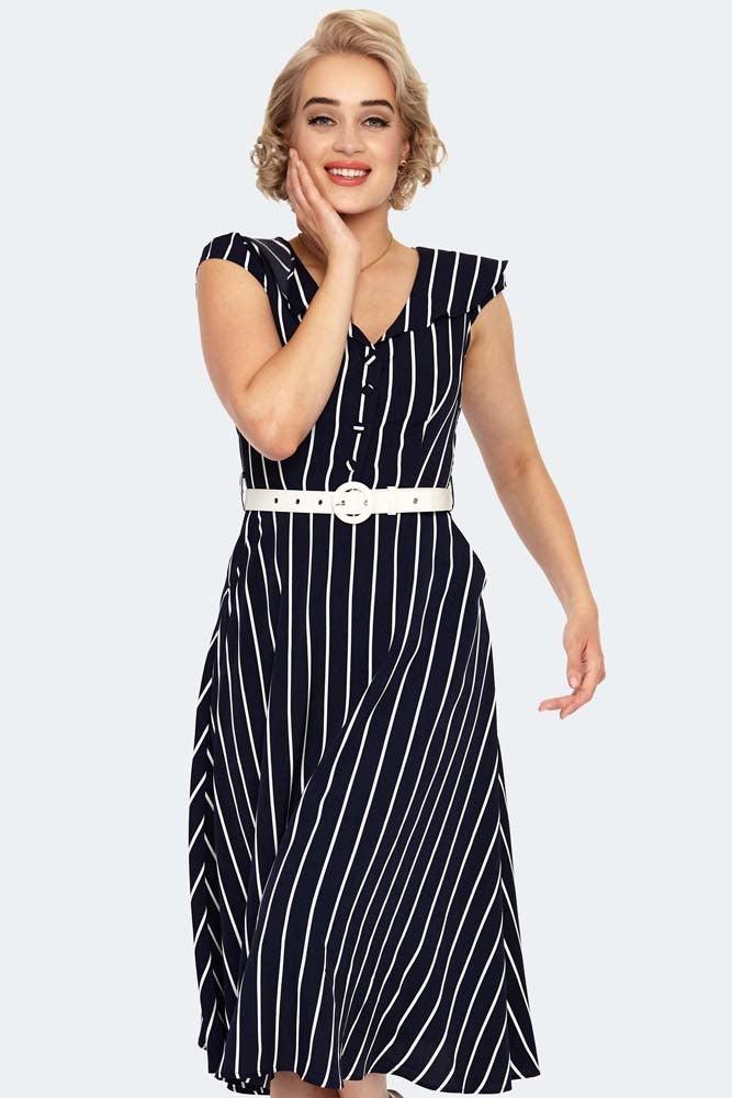 Stripe Wide Collar Midi Flare Dress-Voodoo Vixen-Dark Fashion Clothing