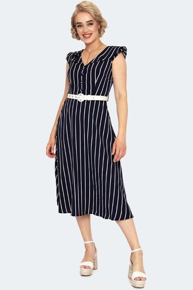 Stripe Wide Collar Midi Flare Dress-Voodoo Vixen-Dark Fashion Clothing