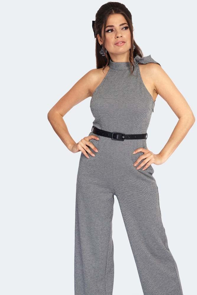 Tie Collar High Neck Knit Jumpsuit-Voodoo Vixen-Dark Fashion Clothing