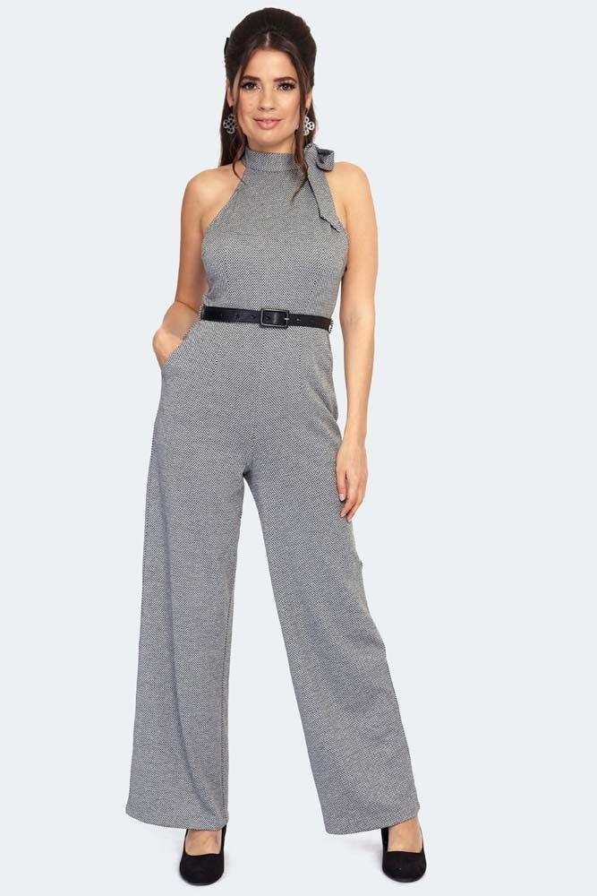 Tie Collar High Neck Knit Jumpsuit-Voodoo Vixen-Dark Fashion Clothing