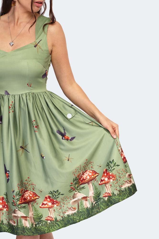 Toadstool Border Print Flare Dress-Voodoo Vixen-Dark Fashion Clothing