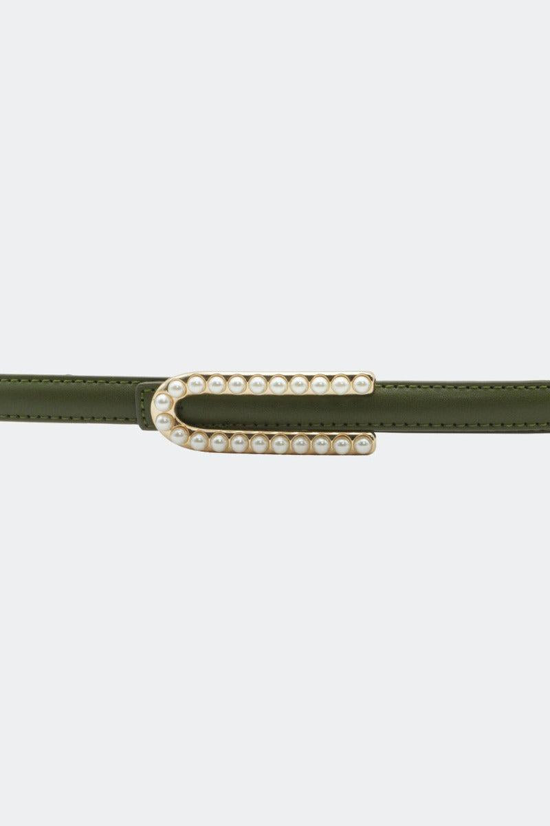 Pearl Buckle Skinny Leather Belt