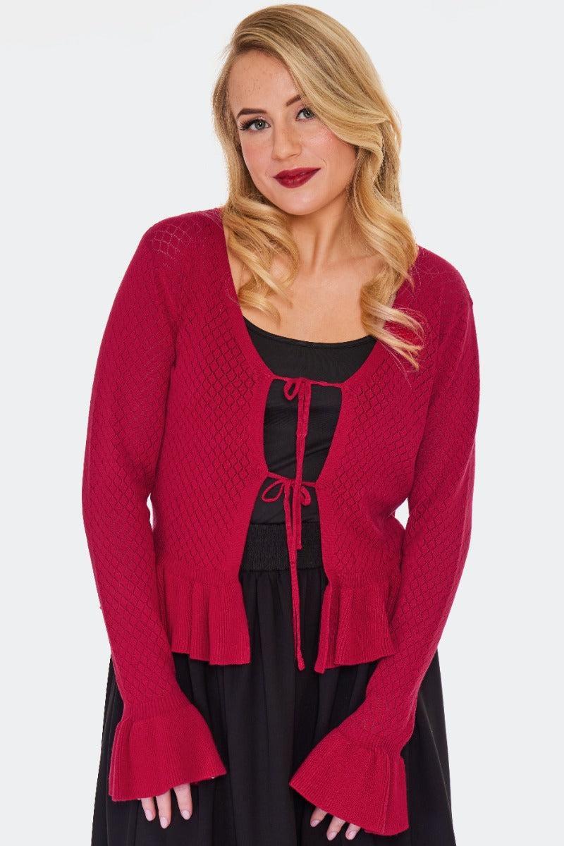 Red Diamond Pattern Tie Ruffle Cardigan