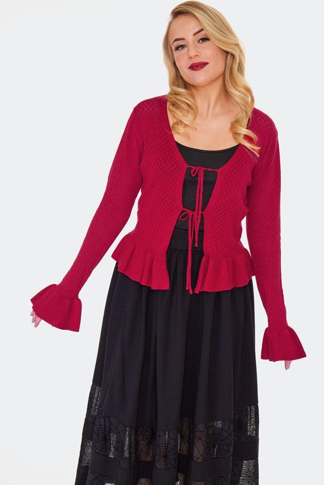 Red Diamond Pattern Tie Ruffle Cardigan