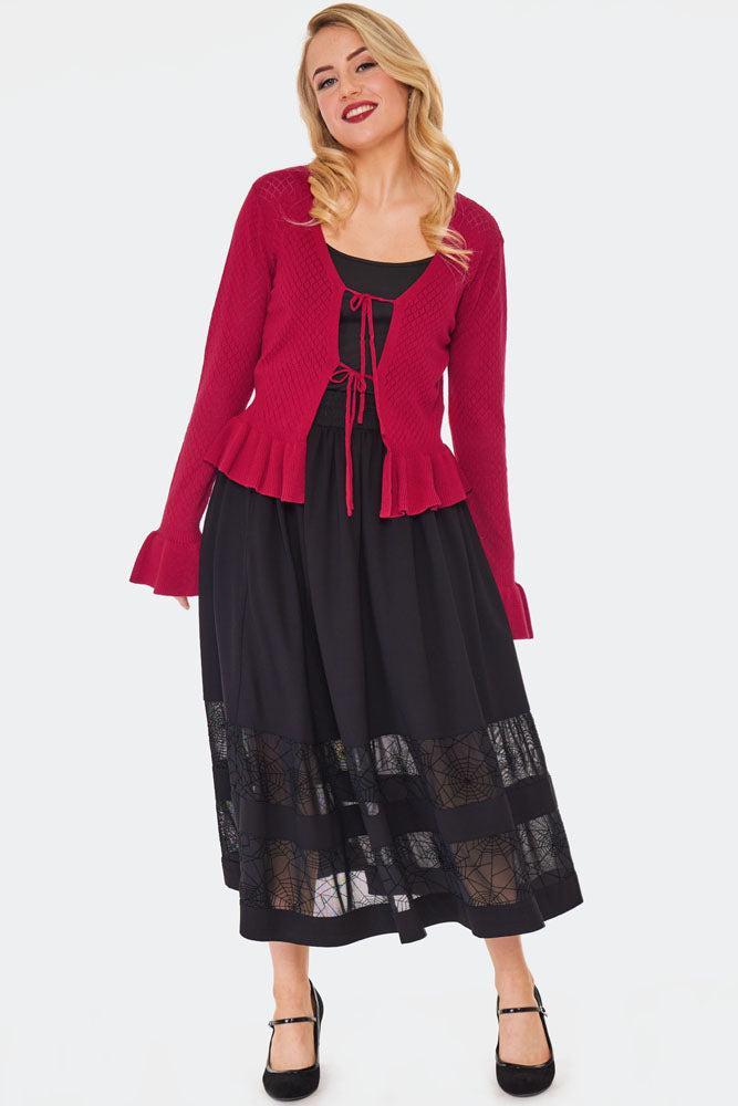 Red Diamond Pattern Tie Ruffle Cardigan
