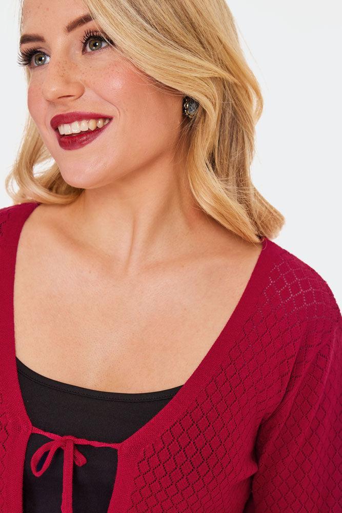 Red Diamond Pattern Tie Ruffle Cardigan