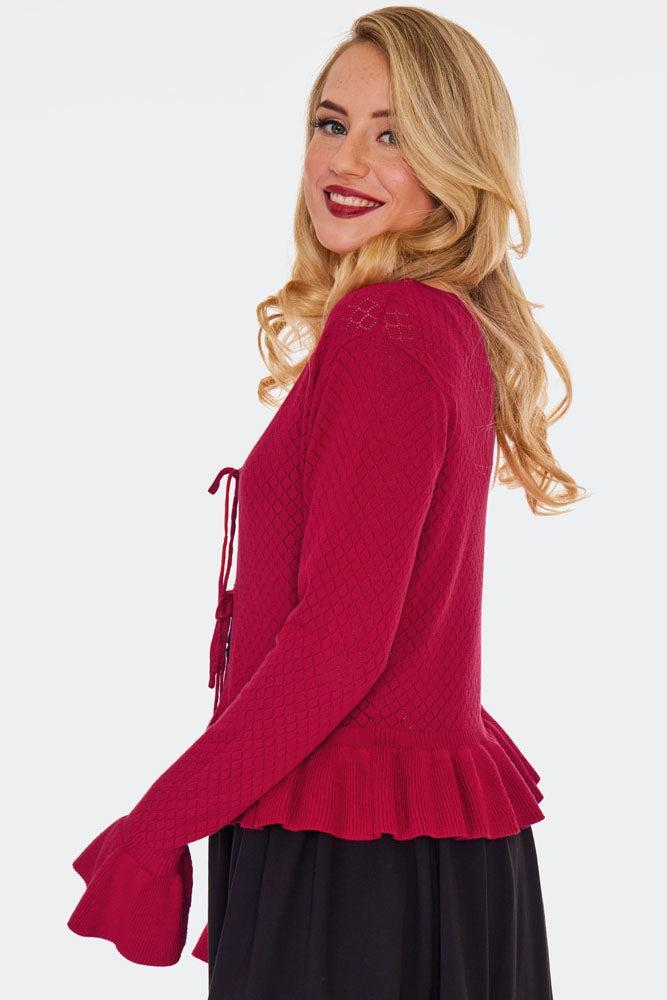 Red Diamond Pattern Tie Ruffle Cardigan