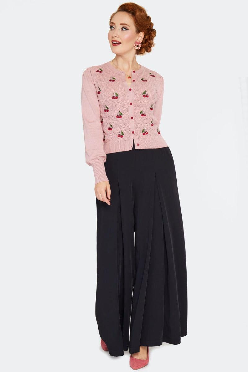 Cherry Embroidery Bell Sleeve Cardigan Pink