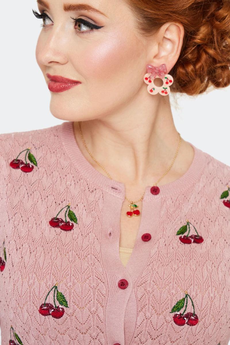 Cherry Embroidery Bell Sleeve Cardigan Pink