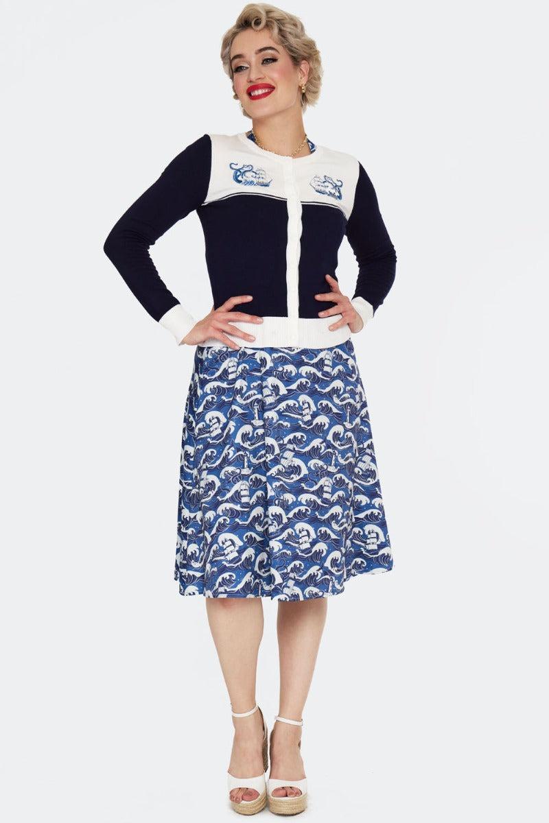 Blue Nautical Wave Embroidery Cardigan