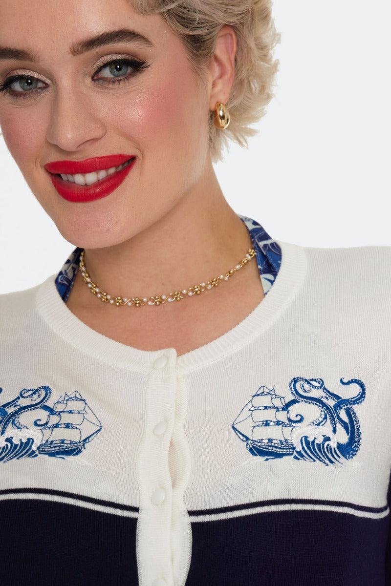 Blue Nautical Wave Embroidery Cardigan