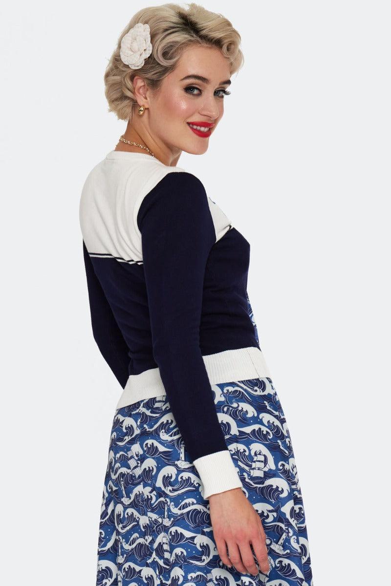 Blue Nautical Wave Embroidery Cardigan