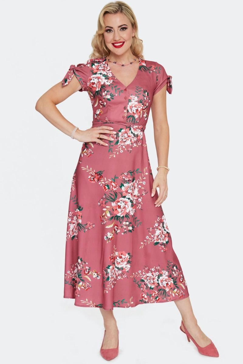 Floral Tie Sleeve Midi Dress Pink