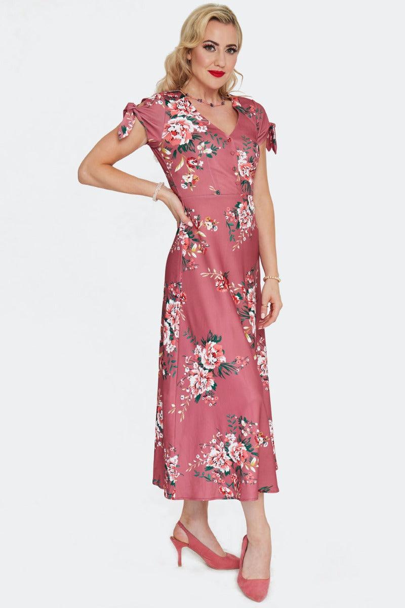 Floral Tie Sleeve Midi Dress Pink