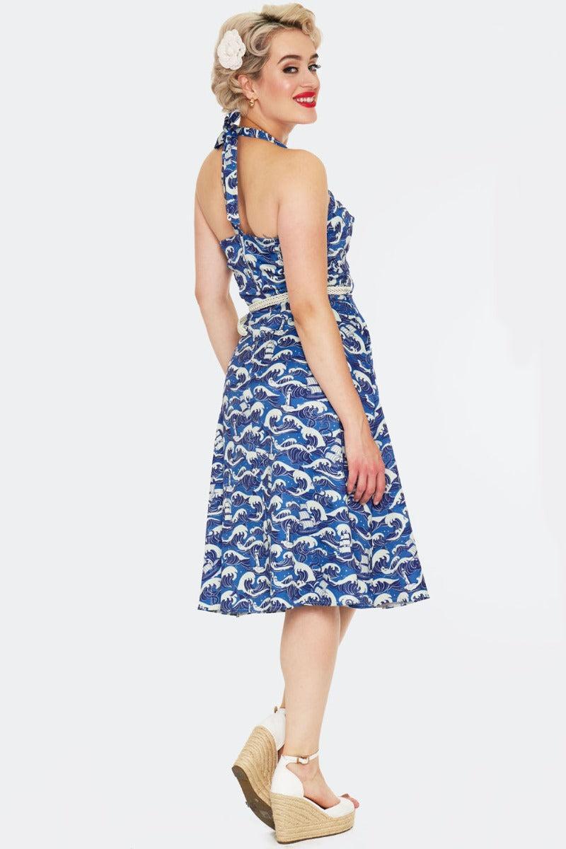 Blue Nautical Wave Print Halter Dress