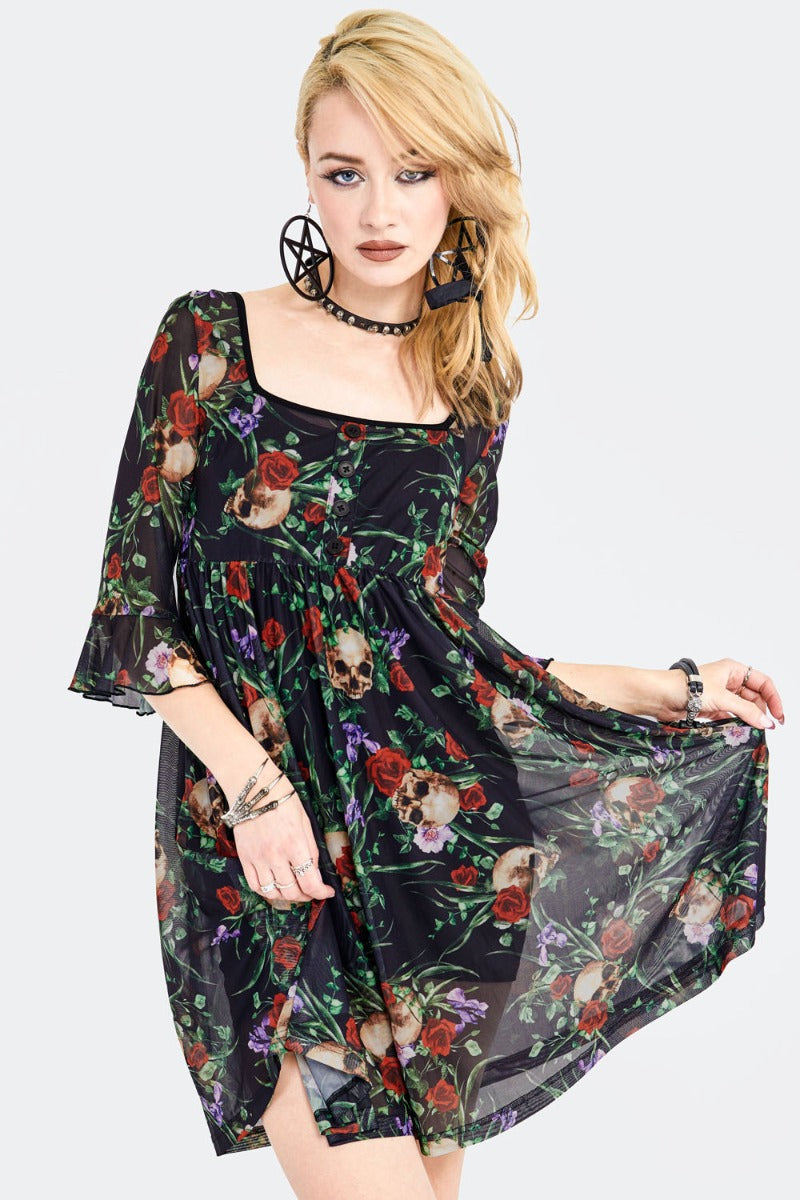 Skull In Roses Gothic Babydoll Dress