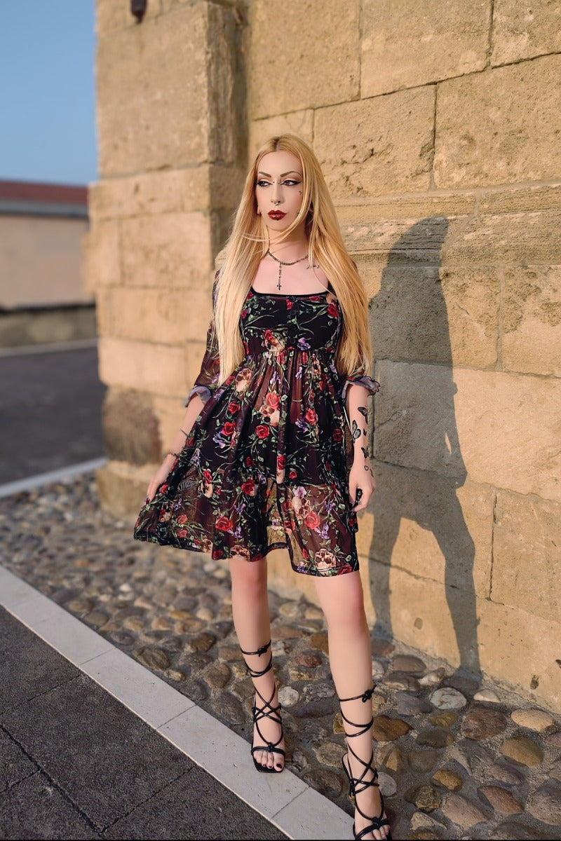 Skull In Roses Gothic Babydoll Dress