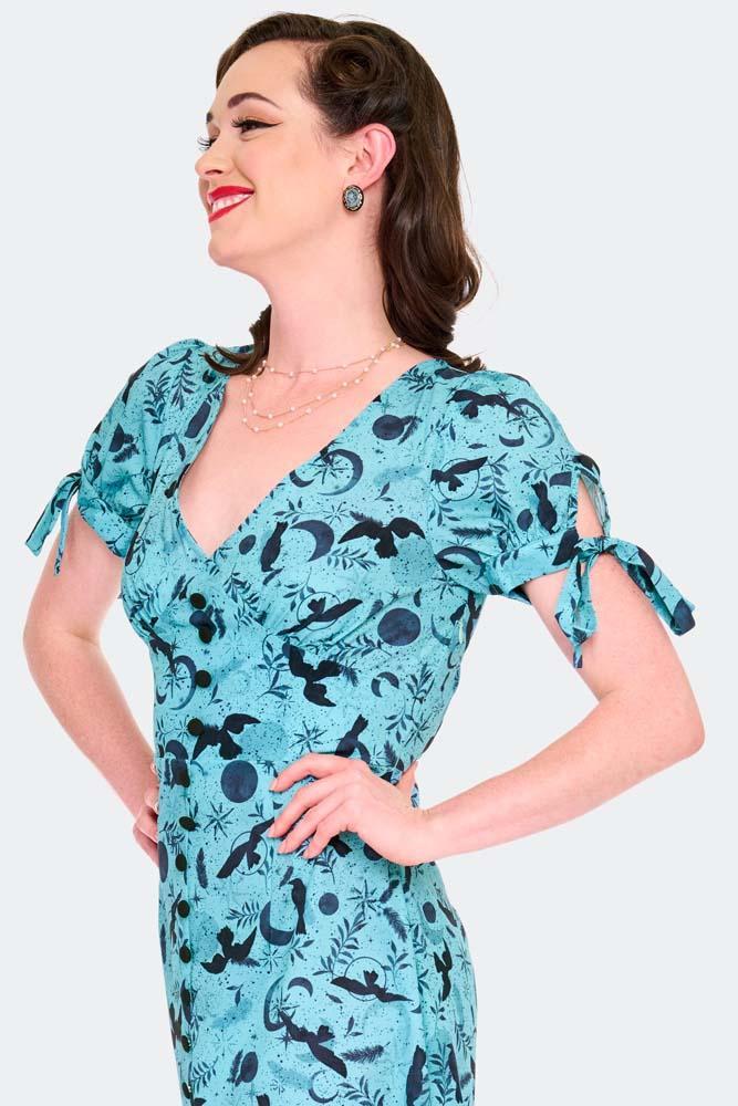 Crow And Moon Print Midi Dress