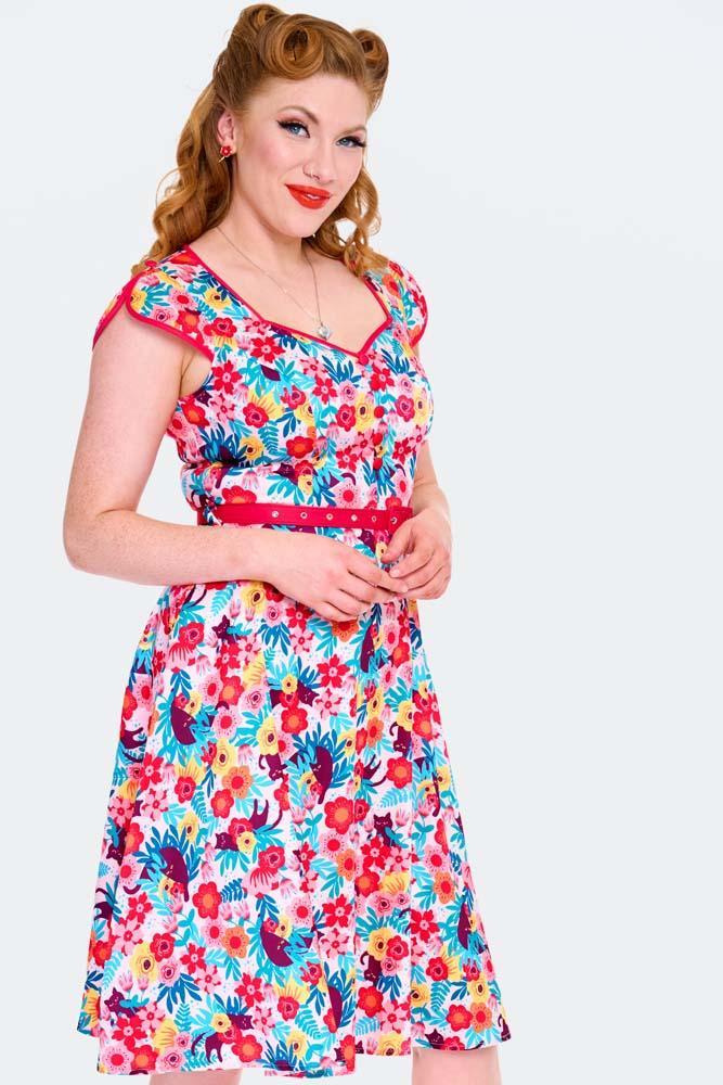 Floral Cats Print Flare Dress