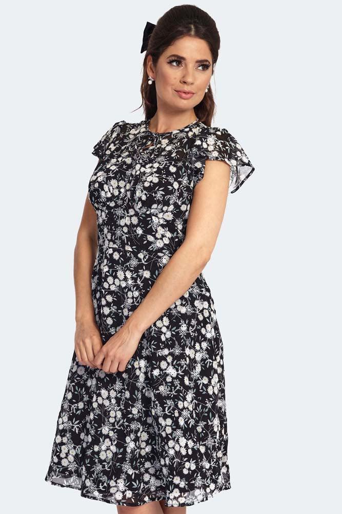 Floral Embroidery Chiffon Flutter Sleeve Flare Dress