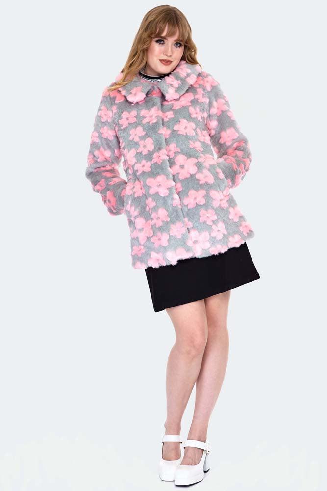 Flower Pattern Faux Fur Coat