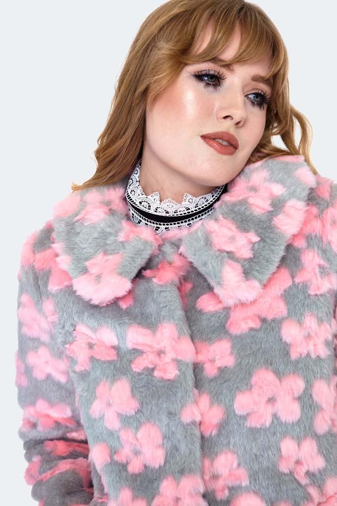 Flower Pattern Faux Fur Coat