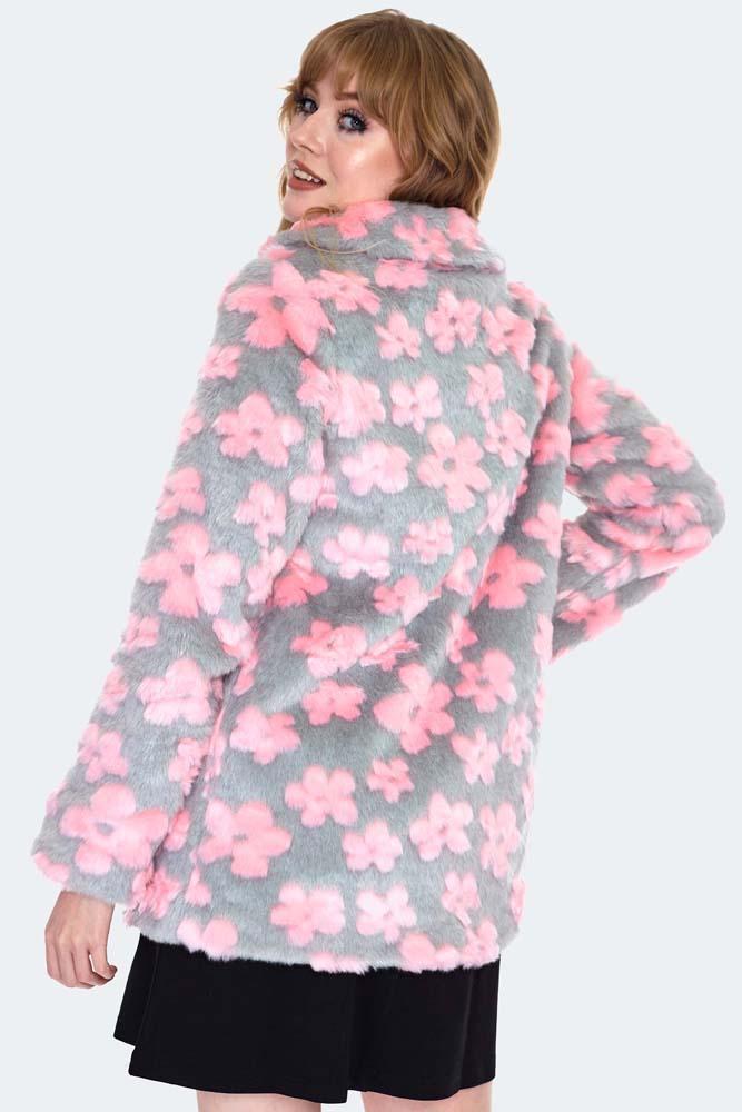 Flower Pattern Faux Fur Coat