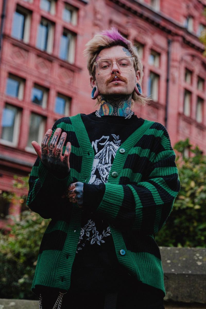 Green Striped Oversized Cardigan