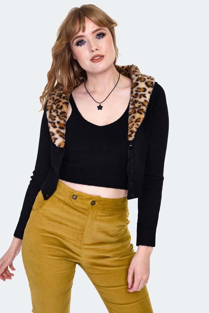Leopard Fur Collar Cardigan Set