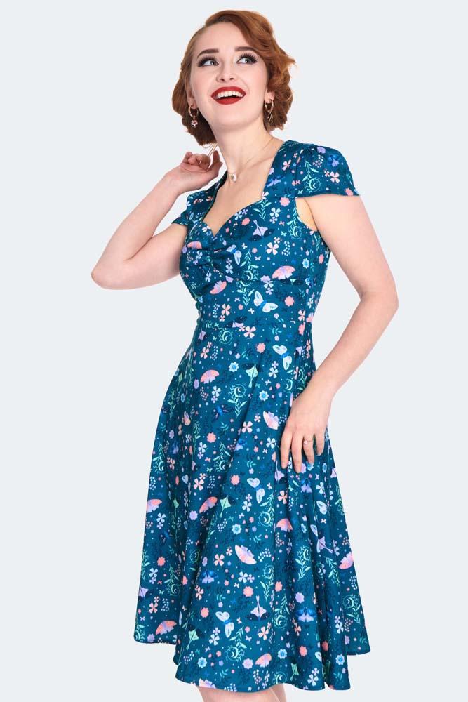 Moth And Flower Print Flare Dress