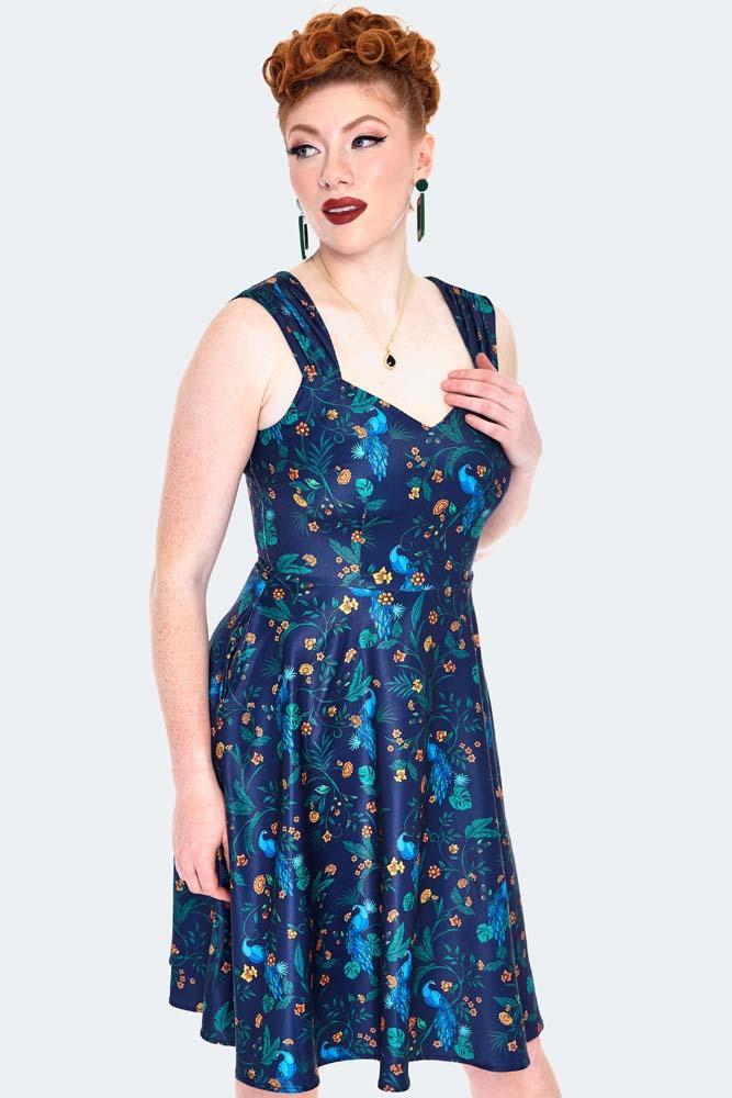 Peacock Floral Print Flare Dress