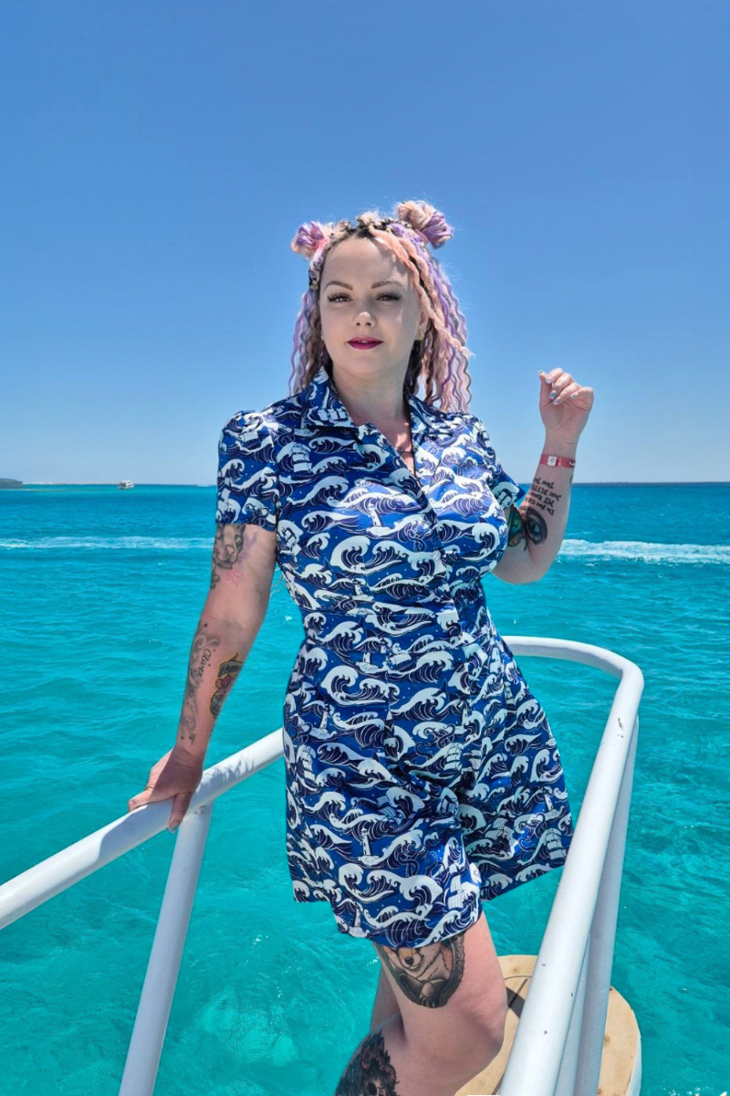 Blue Nautical Wave Print Playsuit