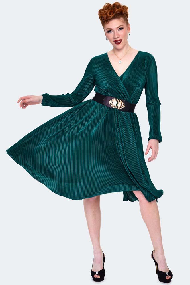Plisse Wrap Midi Flare Dress