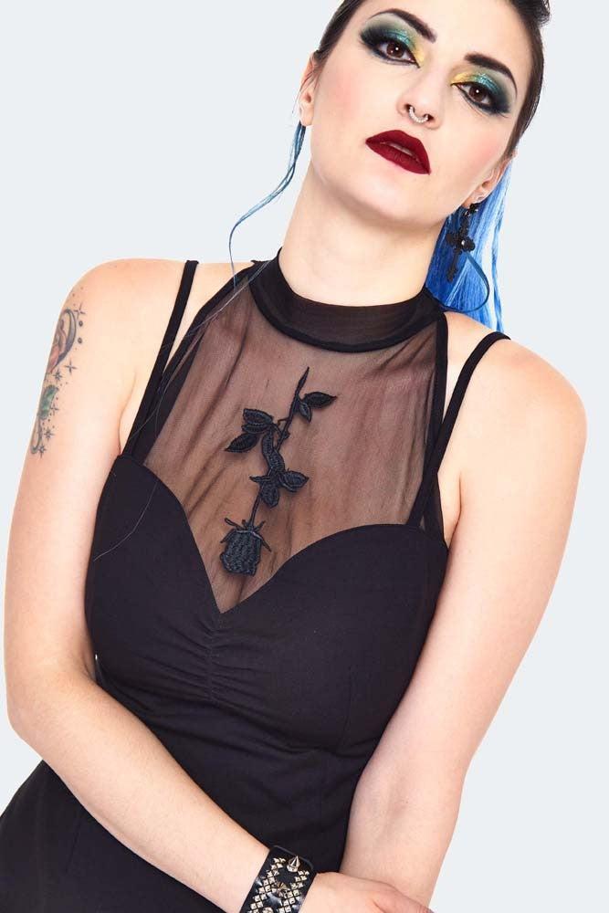 Rose Embroidered Mesh Panel Dress